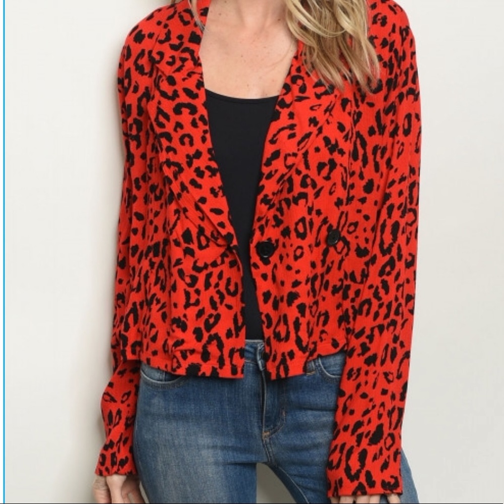RED/BLACK LEOPARD PRINT LIGHT JACKET/BLOUSE SMALL - Picture 2 of 5